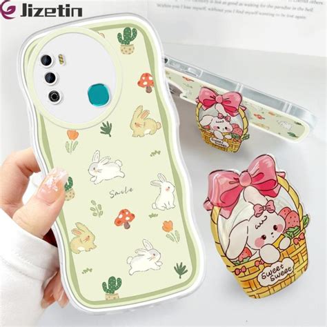 Jizetin For Infinix Hot Play Back Cover Free Pop Socket Flower Basket Bunny Soft Wavy Shape