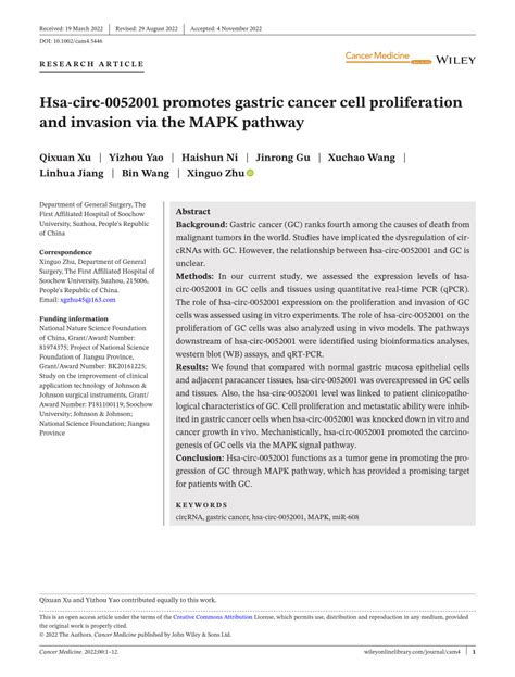 Pdf Hsa Circ 0052001 Promotes Gastric Cancer Cell Proliferation And