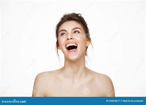 Cheerful Beautiful Naked Girl Rejoicing Smiling Laughing Over White Background Facial Treatment