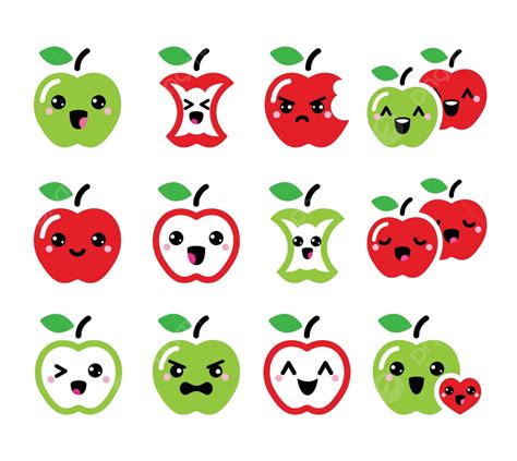 A Set Of Charming Kawaii Icons Featuring Both A Red And Green Apple