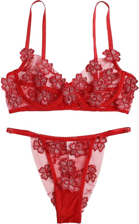 WDIRARA Women S Sexy Lace Spaghetti Strap Flower Applique Lingerie Set