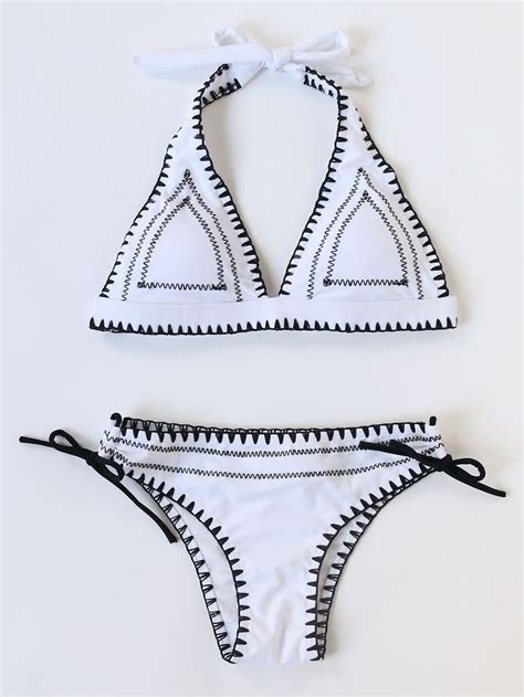 Cómpralo ya Contrast Trim Halter Side Tie Bikini Set White Bikinis