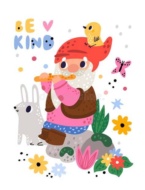 Cute Garden Gnomes Poster Cartoon Gnomic Character Playing Flute