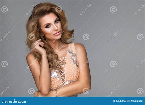 Sensual Beautiful Blonde Woman Posing In Shining Dress Stock Photo Image Of Hands Makeup