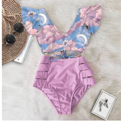 Maillot De Bain Nouveau Bikini Fleuri Volants Bikini Ensemble Femmes Col En V Taille