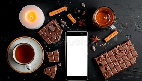 Indulgent Evening Setup With Hot Beverages Chocolate And A Smartphone On A Table Stock