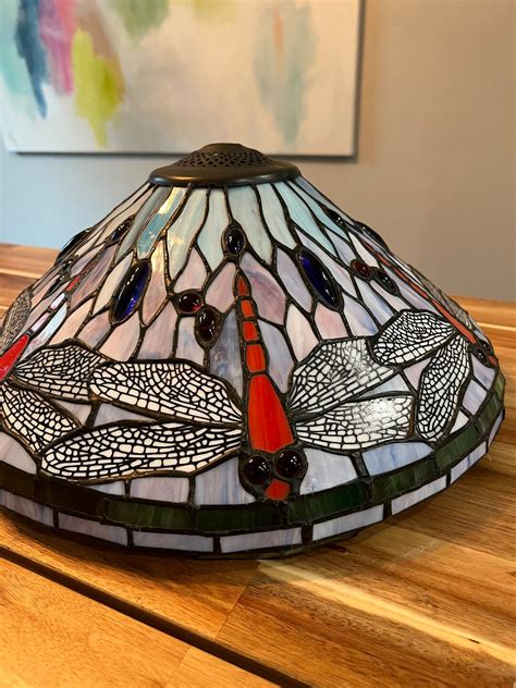 Large Vintage Tiffany Dragonfly Lamp Shade Stained Glass Shade Etsy