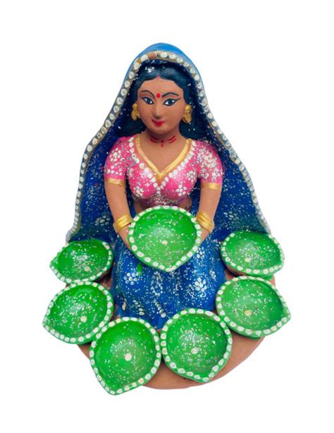 Yamini Designer 7 Diya Village Woman assorted colored clay figurine for ...