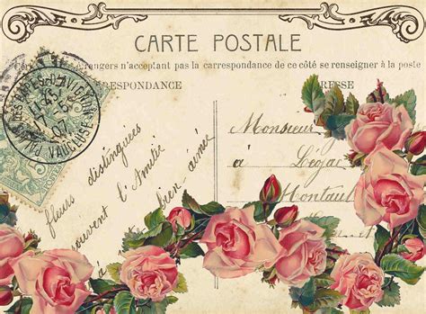 French postcard with pink roses, post marks, writing, scroll at top ...