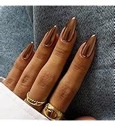 Amazon Qsnidy Press On Nails Almond Brown Nude French Fake Nails Medium Press Ons Glossy