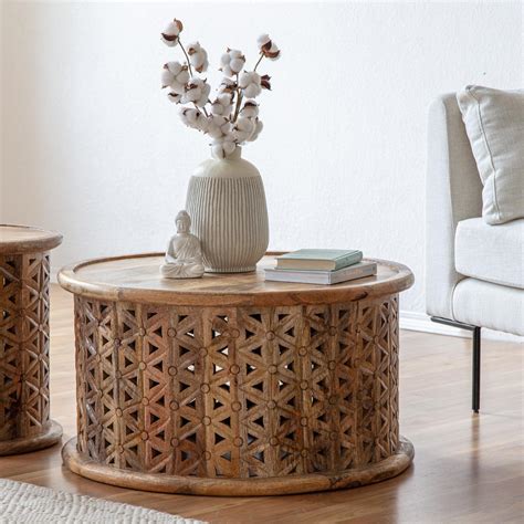 Willow & Silk Natural Round Mangowood Carved Coffee Table 75x75x40cm