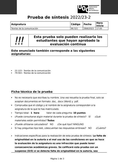 Ejemplo prueba síntesis Prueba de síntesis 2022 23 Asignatura Código