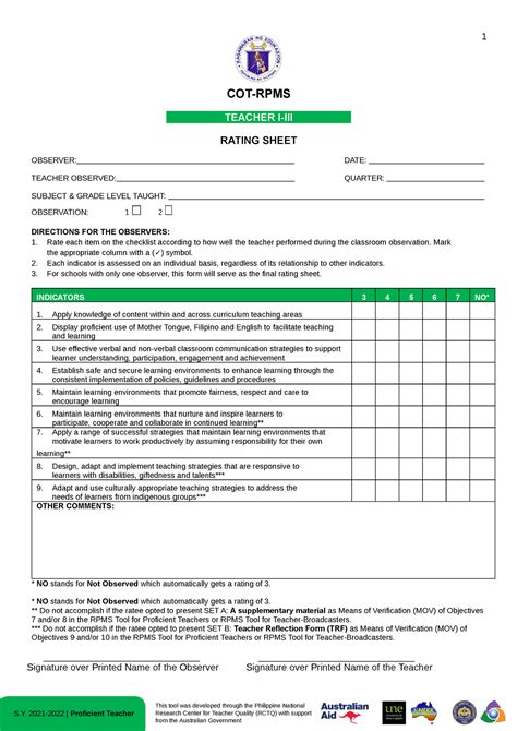 Cot Tool T Classroom Observation Tool For T Cot Rpms Teacher