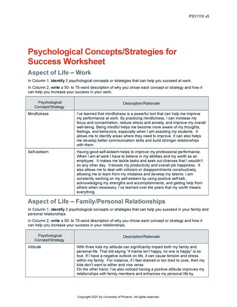 Psy110 Wk2 Psychological Concepts Strategies For Success Worksheet