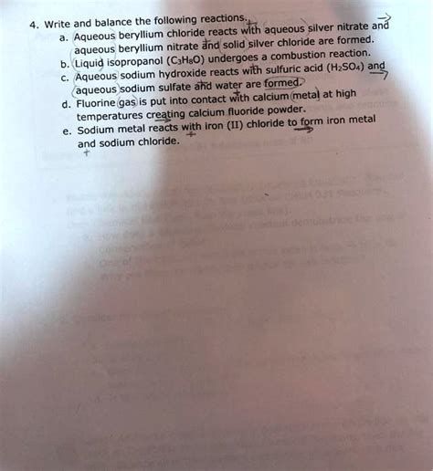 SOLVED: Write and balance the following reactions: beryllium chloride ...