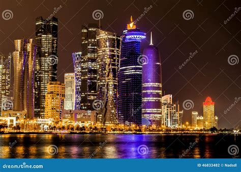 Doha Qatar Skyline At Night Editorial Photography Image Of