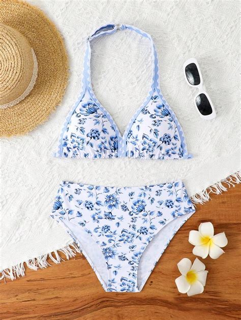 Shein Tween Girls Floral Print Halter Neck Bikini Set For Summer Beach Wear Shein Usa