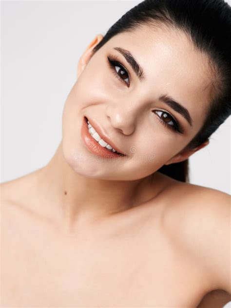 Pretty Brunette Bright Makeup Model Naked Shoulders Smile Stock Photo