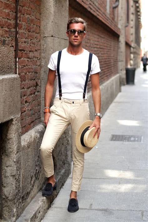 White T-shirt, Suspenders Clothing Ideas With Beige Suit Trouser ...