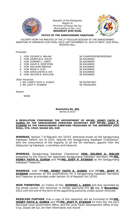 RESO NO 1 S 2023 Resolution Sample For Appointment Of SK Secretary