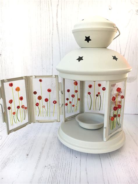 Red Poppy Floral Lantern Sparkly Place Fused Glass