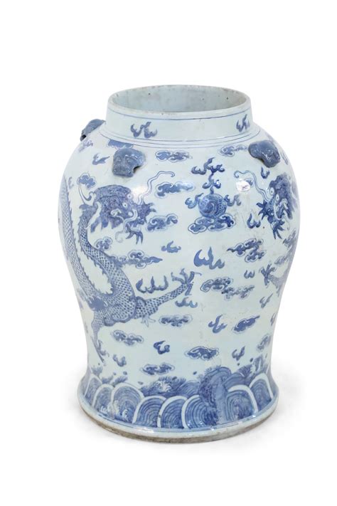 Chinese White And Blue Dragon Motif Porcelain Floor Urn