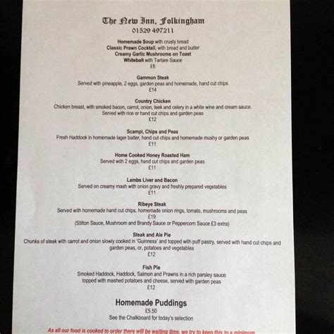 Menu At New Inn Pub And Bar Folkingham 10 West St