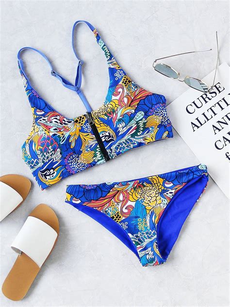 Mixed Print Zipper Up Bikini Set Shein Sheinside