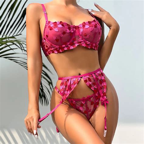 Billionm 3 Piece Heart Embroidery Lingerie Set Women Sexy Erotic Set