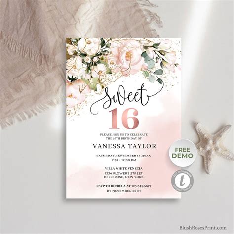 Rose Gold Sweet Sixteen Invitation Template Edit With Etsy