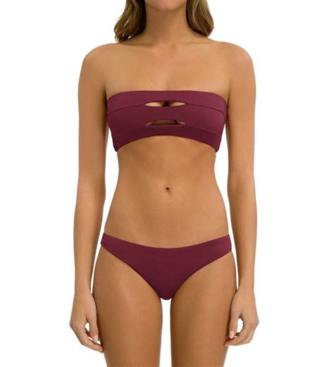 Womens Bandeau Cut Out Bikini Sets Push Up Strapless Swimwear 2 Pieces Swimsuits Burgundy