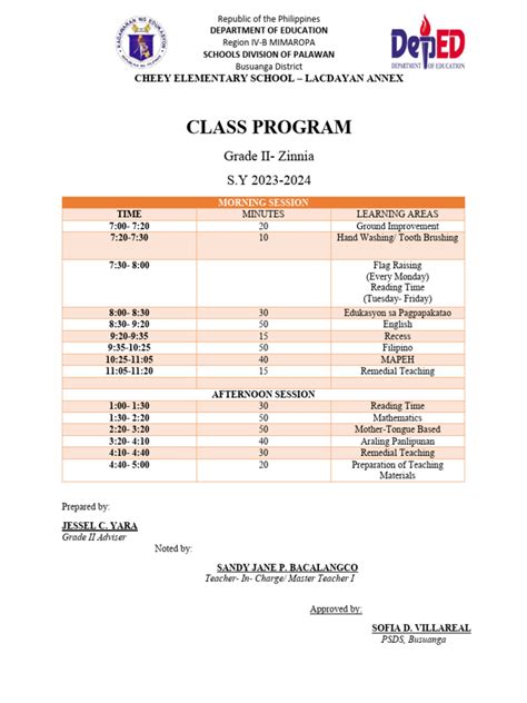 Class Program Grade 2 S Y 2023 2024 Pdf