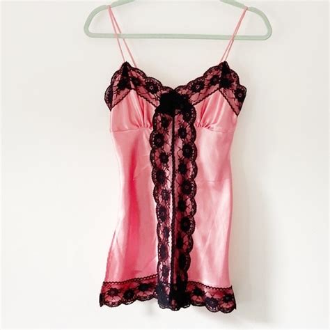 Vintage Intimates Sleepwear Vintage Satin Pink Black Lace Lingerie Chemise Slip Dress Sz S