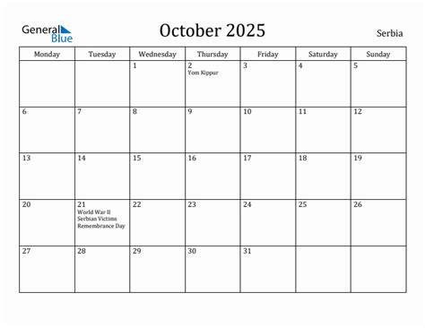 October 2025 - Serbia Monthly Calendar with Holidays