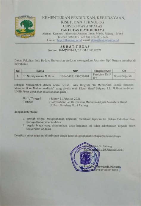 surat tugas dekan  bundhm document