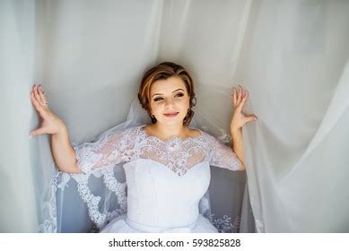Cute Blonde Bride Posed On Curtains Stock Photo Shutterstock