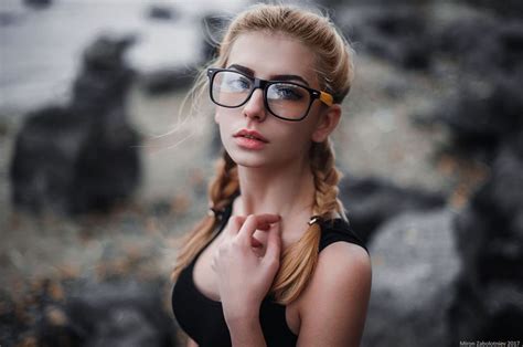 Women With Glasses Women Blue Eyes Pigtails Blonde Depth Of Field Portrait HD Wallpaper