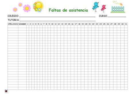 Actividades para Educación Infantil 12 Hojas control de asistencia