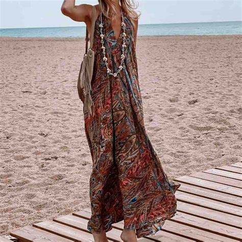 Us 32 67 Womens Bohemian Dress Floral Printed Halterneck V Neck