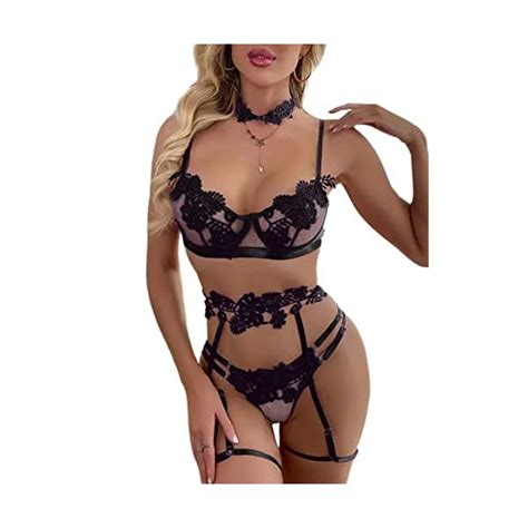 Lilosy Sexy Choker Applique Embroidered Underwire Push Up Garter Belt Lingerie Set For Women