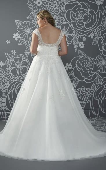 A Line Long V Neck Cap Tulle Court Train Low V Back Appliques Dress