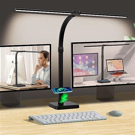 Akrryr Led Desk Lamp For Home Office Double Head 24w With Usb Charging Port And Wireless Charger