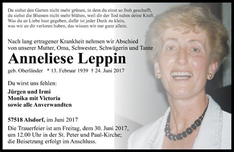 Traueranzeigen Von Anneliese Leppin Rz Trauer De