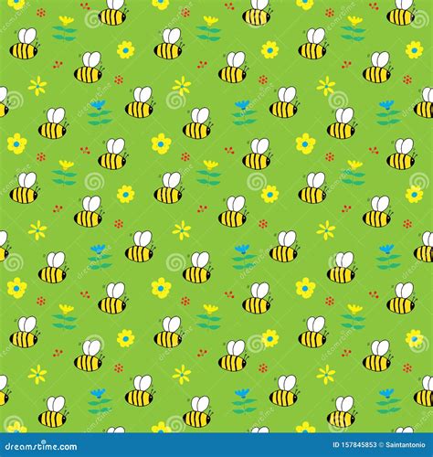 Cute Bee Seamless Pattern Cartoon Hand Drawn Honeybee Doodles Vector