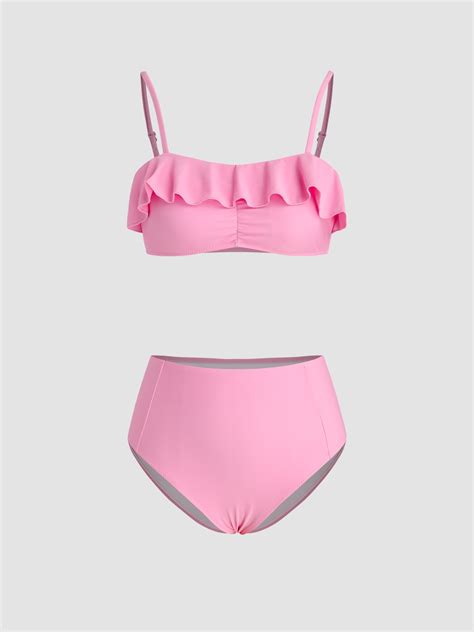 Knit Fabric Solid Ruffle Hem Bikini Swimsuit For Vacation Swimming Pool