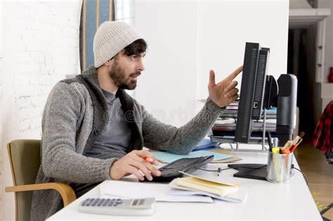 Attractive Man Hipste Trendy Businessman Working Desktop Computer At