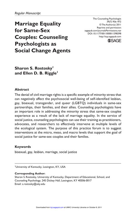PDF Marriage Equality For Same Sex Couples Counseling Psychologists As Social Change Agents