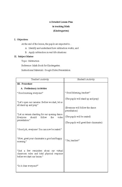 Detailed Lesson Plan For Kindergarten Math