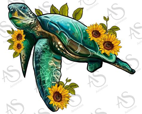 Sea Turtle With Sunflowers Png Sublimation Design Sea Turtle Etsy