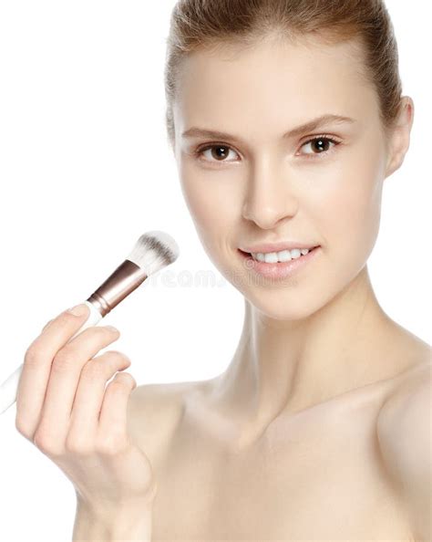 Beauty Girl With Makeup Brush Natural Make Up Nude Make Up Stock